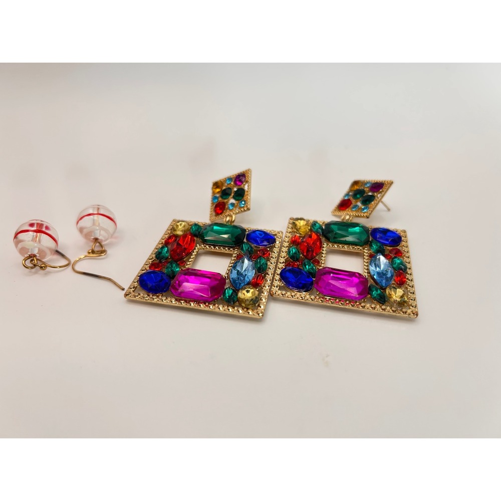 Earring Set Women OS Multicolor Good Gemstone Square & Striped Orb - Picture 9 of 12